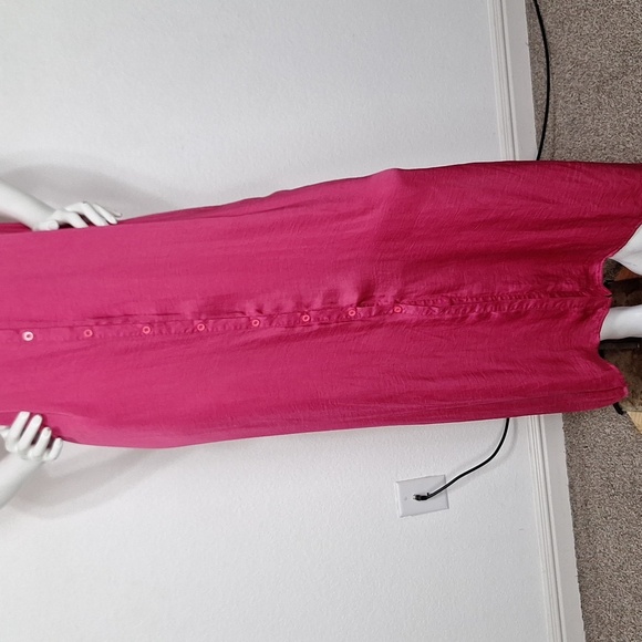 Pink Silky Button Front Coquette Romantic Barbiecore Side Slit Shirt Maxi Dress - Picture 4 of 9